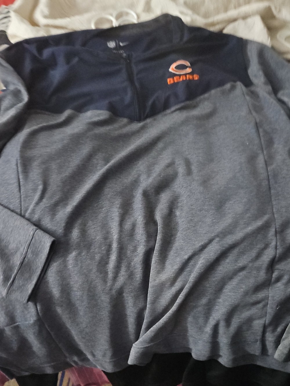 NFL Men's Gray and Navy Half-Zip Pullover with Orange Logo